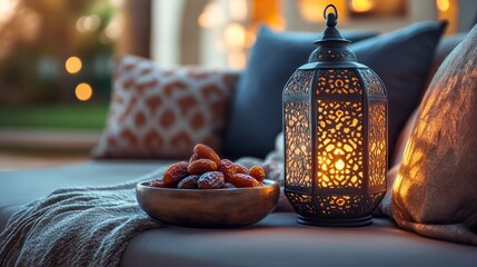 A vintage lantern placed next to a bowl of dates on a plush sofa, surrounded by a softly blurred Islamic-themed backdrop, leaving room for copy