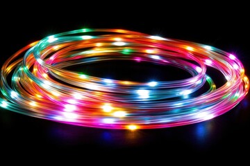 A vibrant display of colorful LED string lights glowing against a black background.