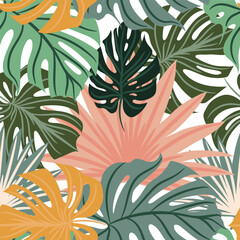 Hawaiian vector hand drawn seamless pattern with green and pink palm leaves