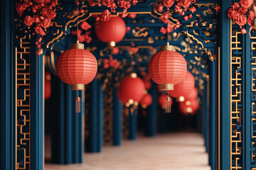 A Festive Passage: A pathway lined with vibrant red lanterns and intricate gold designs invites you to step into a joyous celebration.