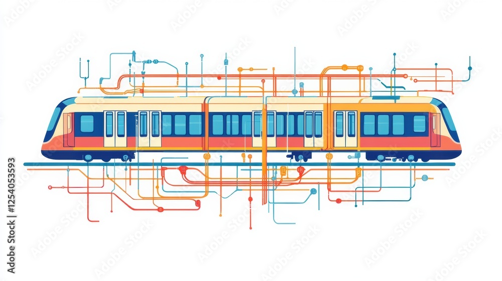 Poster metro train illustration with colorful subway map and public transport layout showcasing urban trans