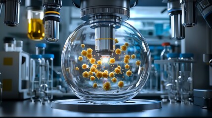 Close-up of a laboratory microscope analyzing microorganisms in a glass sphere, with laboratory equipment visible in the background