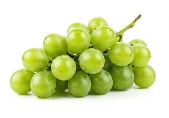 A bunch of fresh green grapes on the vine with a smooth glossy texture isolated on white background