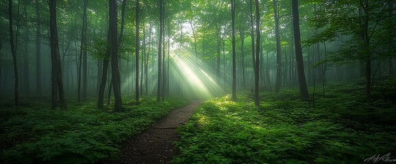 Obraz premium Misty forest path, sun rays, lush greenery, nature wallpaper