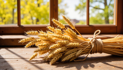 Golden wheat bundle on rustic table with warm light, Maundy Thursday