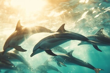 Fototapeta premium Sunlight pierces the water's surface as dolphins swim gracefully, casting shimmering reflections in a tranquil aquatic ballet.