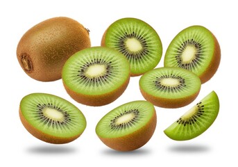 Fototapeta premium Kiwi slices and halves floating in mid-air isolated on white background