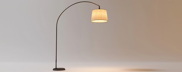Elegant curved floor lamp with a beige fabric shade, standing alone on a white backdrop, 3D mockup.