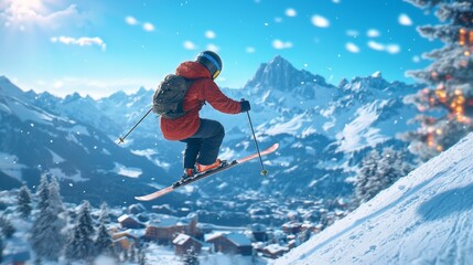 Skiing enthusiast performs a jump in a snowy mountain landscape during a bright winter day
