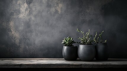 Minimalist dark interior with small potted plants
