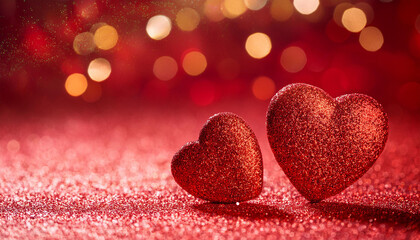 Obraz premium two red glitter hearts on a red glitter background with bokeh lights