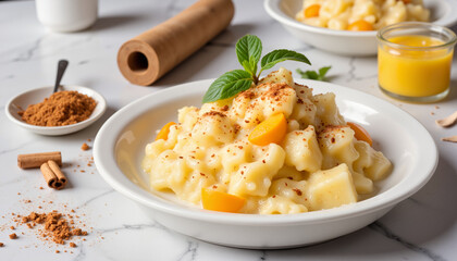 Creamy tapioca pudding topped with fruits and cinnamon, dessert delight