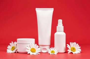 Mockup White Tube Bottle Cosmetic Jar on red background. AI Generative