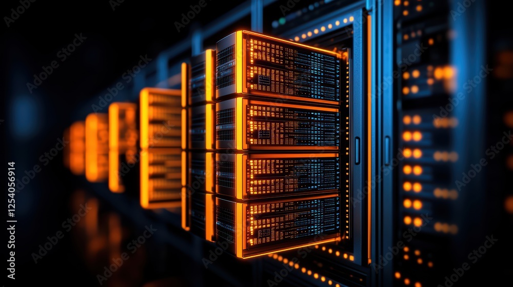 Poster data center with illuminated server racks in a high-tech environment