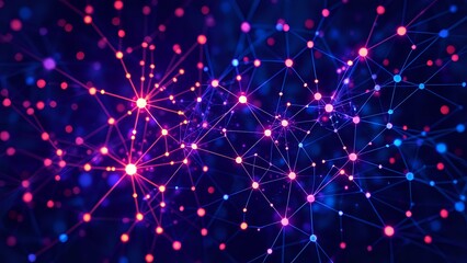 Fototapeta premium Abstract Neural Network Artwork: Vibrant Purple and Pink Node Patterns Against a Deep Blue Background