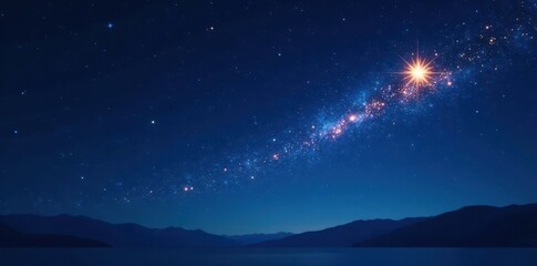 Fototapeta premium Night sky, twinkling stars, festive shooting star across a dark blue background, graphic, backdrop, magic
