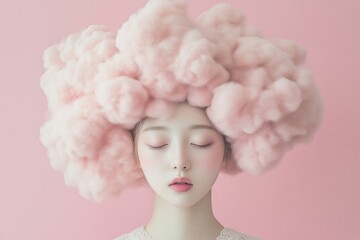 A young woman with a whimsical pink cloud hairstyle against a soft pink background.