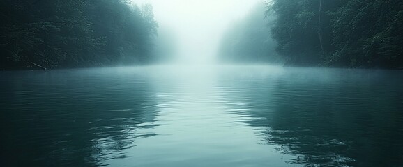 Misty river, forest banks, calm water, tranquil scene, nature background