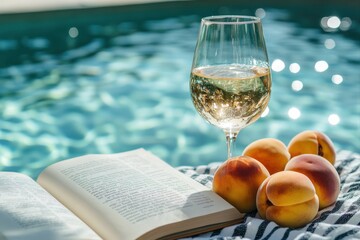 Relaxing afternoon by poolside with wine and peaches outdoor setting lifestyle shot
