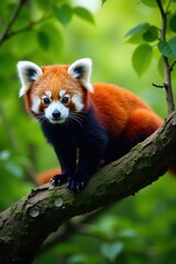 Obraz premium Red panda perched on a branch, lush green foliage, sunlight, orange, solitary
