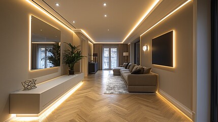 Fototapeta premium Modern apartment hallway, living room view, herringbone floor, ambient lighting