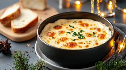 Decadent cheese dip delight cozy kitchen food photography warm lighting front angle inviting atmosphere