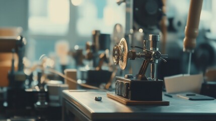 Fototapeta premium Antique workshop with vintage tools and wooden workbench