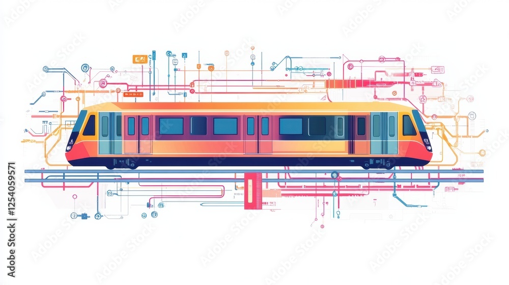 Poster metro train illustration displaying subway layout and public transport connections in an urban area.