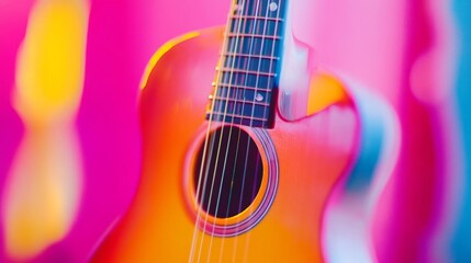 Naklejka premium Vibrant acoustic guitar with pink and yellow lighting