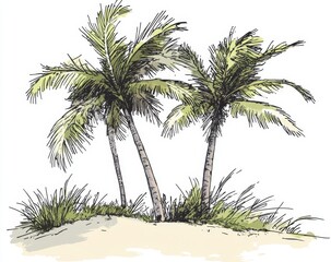 Fototapeta premium Tropical palm trees beach sketch, dune background, vacation design