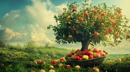 Apple tree in a green field under a sunny sky