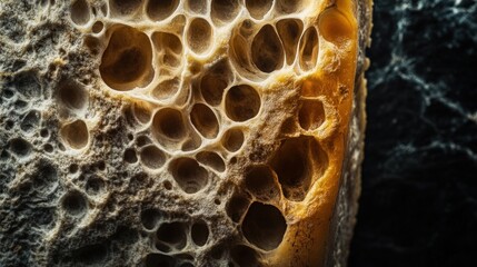 block of Swiss cheese highlighted against dark background, showcasing the rough crust, the uneven texture, and the honeycomb pattern of holes