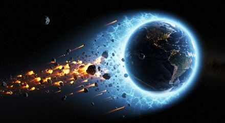 Planetary Collision and Energy Surge - A dramatic depiction of an asteroid field colliding with Earth, enveloped in a powerful blue energy field. Symbolizing impact, destruction, cosmic power