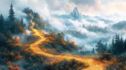A winding path through a misty mountain landscape, evoking a sense of adventure and tranquility.