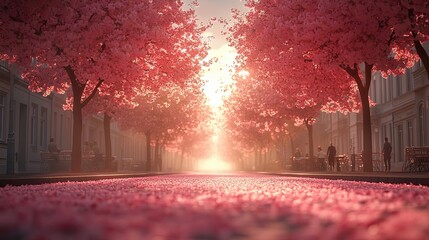 The image of a city street decorated with cherry blossoms captures