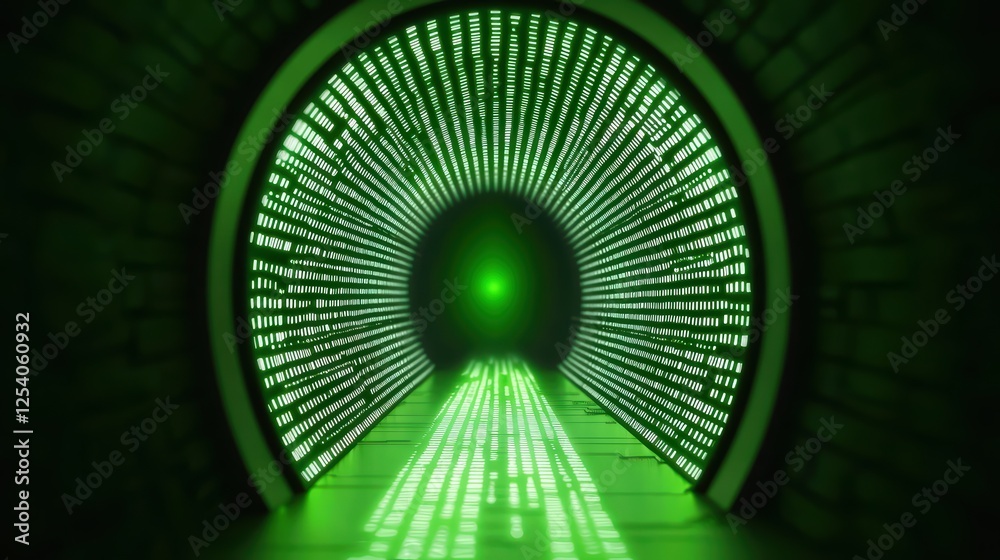 Poster digital tunnel with glowing green light and binary code effect
