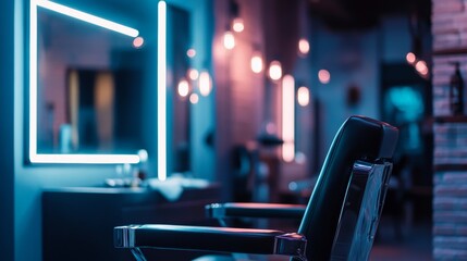 Fototapeta premium Moody barbershop interior with neon lighting