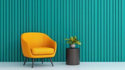 Cozy Orange Chair and Green Plant Against Teal Striped Wall