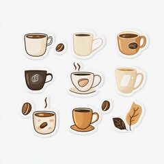 Obraz premium style coffee cup stickers showcasing unique designs and coffee beans perfect for cafe lovers and enthusiasts. Generative AI