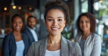 A confident businesswoman smiles in a modern office, her colleagues in the background, contributing to a professional vibe