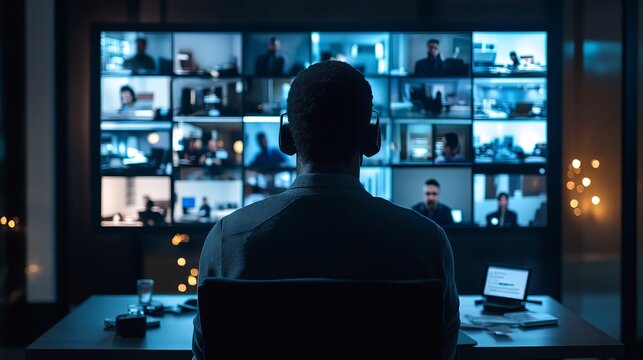 Man Monitoring Multiple Video Screens Remote Team Conference Business Meeting Modern Technology Digital Workplace Online Collaboration Global          - Powered by Adobe