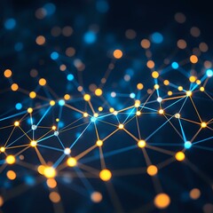 Abstract Digital Network: Interconnected Nodes in Vibrant Blue & Gold Neon