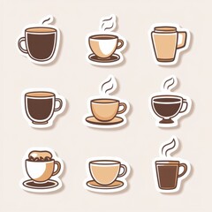 Obraz premium Various style stickers featuring coffee cups and coffee beans with a warm color palette for beverage lovers. Generative AI