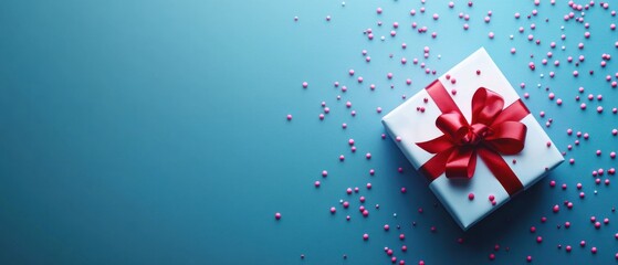 Gift box with red ribbon on blue, pink sprinkles background
