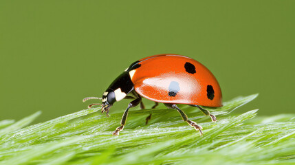 Naklejka premium Red Ladybug On Dewy Green Leaf