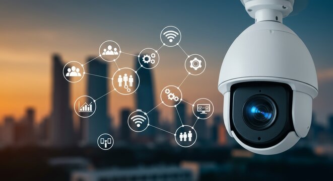 Smart City Surveillance Technology - Modern security camera, network connection, data security, urban landscape, technological advancement. Symbolizing safety, connectivity, monitoring, progress