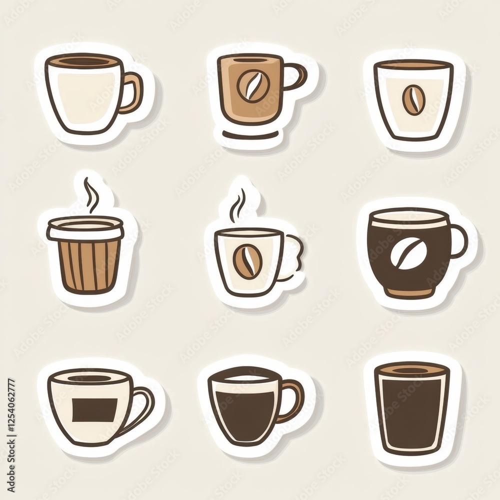 Poster stickers featuring coffee cups and beans in assorted styles and colors to enhance creative projects.