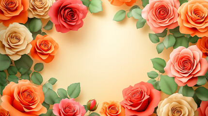 Obraz premium Aesthetic background in the form of a Valentine's day frame. VIEW OF THE ROSES FROM ABOVE, flat illustration