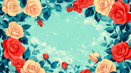 Aesthetic background in the form of a Valentine's day frame. VIEW OF THE ROSES FROM ABOVE, flat illustration