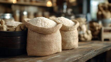 Close-Up of White Rice Grains in a Burlap Sack with Blurred Background, Perfect for Product Photography and Store Display Concepts